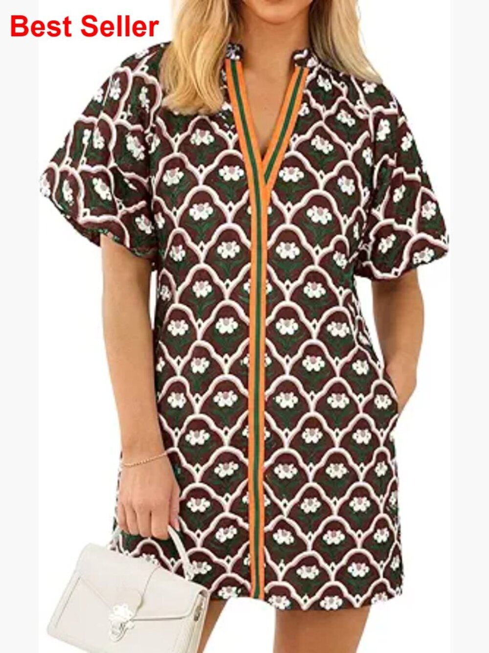 Floral Puff Sleeve V-Neck Mini Dress with Pockets, Loose Fit
